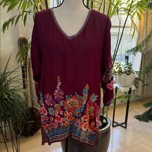 Johnny Was Burgundy Floral Embroidered Blouse